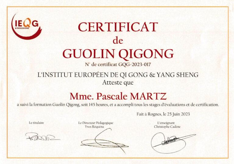 Certificat de GUOLIN QI GONG